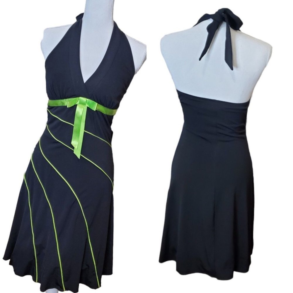Y2K Babydoll Dress Halter Black‎ Lime Green Layered Bow Trim Accent Stretchy S/M